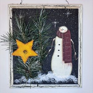 Snowman With Tree and Star Hand Painted Wall Hanging 12.5” Long 11” Wide